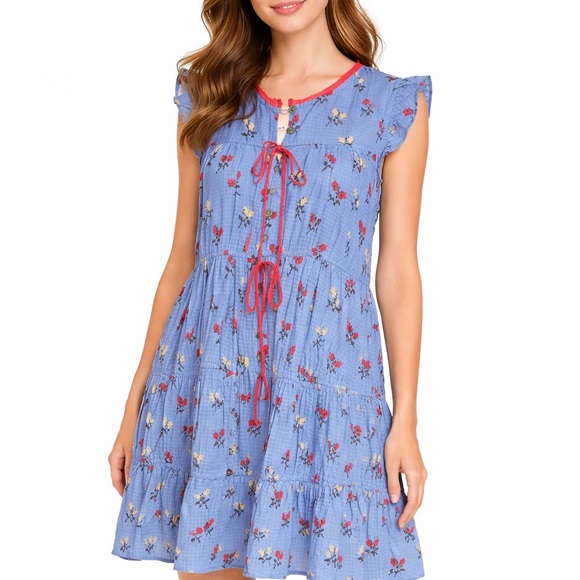 Free People Dresses & Skirts - Free People Blue Dress with Red Floral Accents